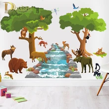 Мультяшные джунгли, дикие животные, дерево, жираф, слон, птицы, цветы, настенные наклейки для детской комнаты, гостиной, домашнего декора, виниловые наклейки