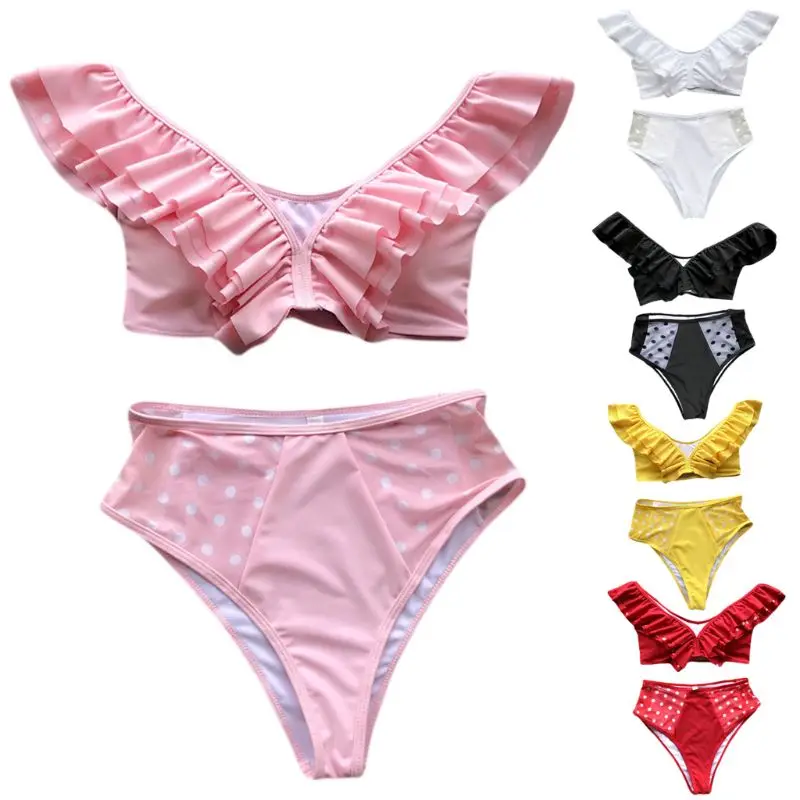 

1 Set Bikini Swimsuit Off-shoulder Sexy Fashion Dot Print Russia Sexy Lady Women Swimwear Beachwear Lotus Leaf Sleeves Push-up