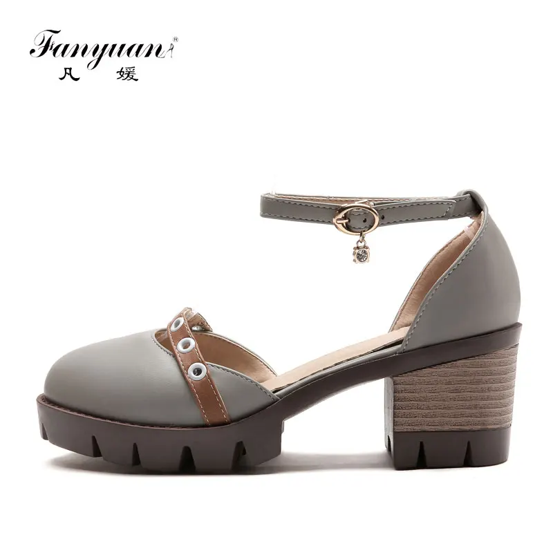 

Fanyuan Fashion Mixed Colors Buckle Strap Sandals summer Rivet Cover Heel Platform shoes Women shoe Casual Ankle-Wrap High Heels