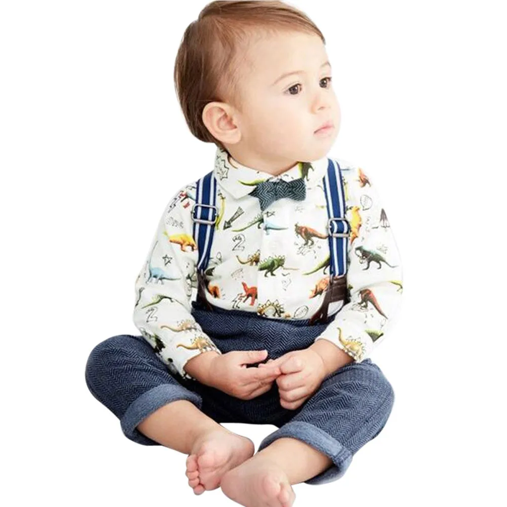 

Toddler Baby Boys Clothing Set Dinosaur Gentleman Bowtie Shirt Romper+Suspenders Pants 2Pcs Infant Kids Auttmn Cotton Set Outfit