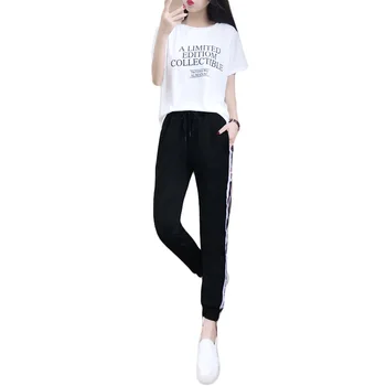 

Rlyaeiz Fashion 2 Piece Set Women Sweat Suit 2019 Spring Summer Letter Printed T shirts + Ankle-length Pants Female Tracksuit