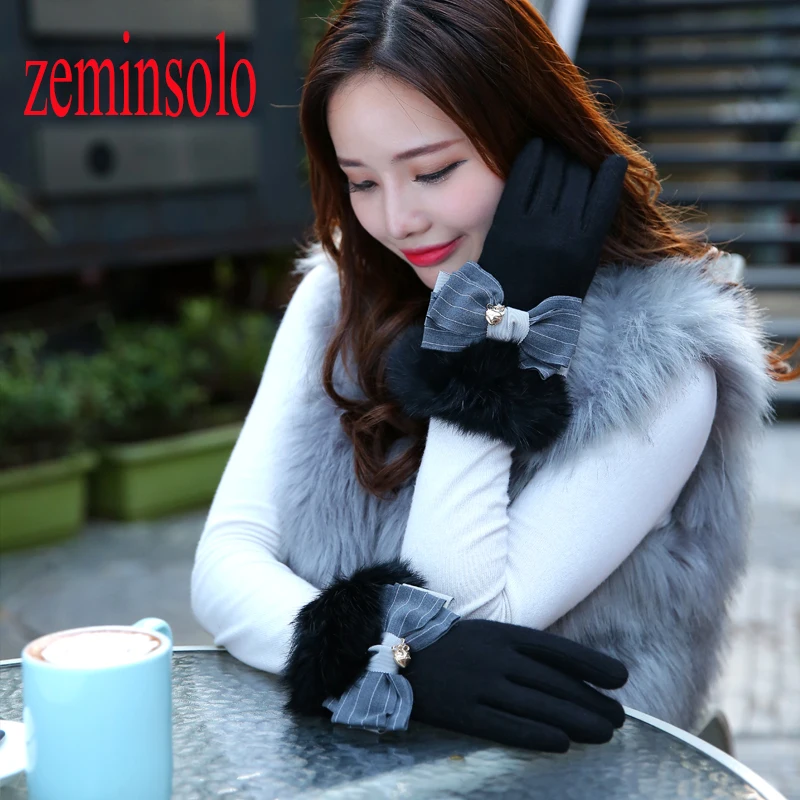 Double Layer Fashion Female Gloves For Touch Screens Winter Warm Wrist Bow Gloves Mittens Women Long Leather Gloves Female
