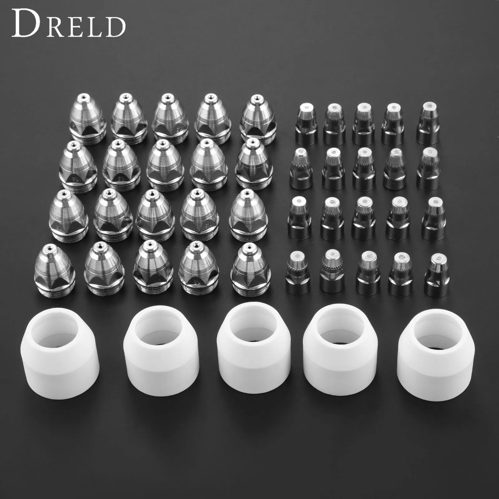 DRELD 45pcs/set P80 Electrode Tips 1.3 Nozzle Shield Cup for P-80 Plasma Cutter Torch Consumable 80-100A Welding Soldering Tool