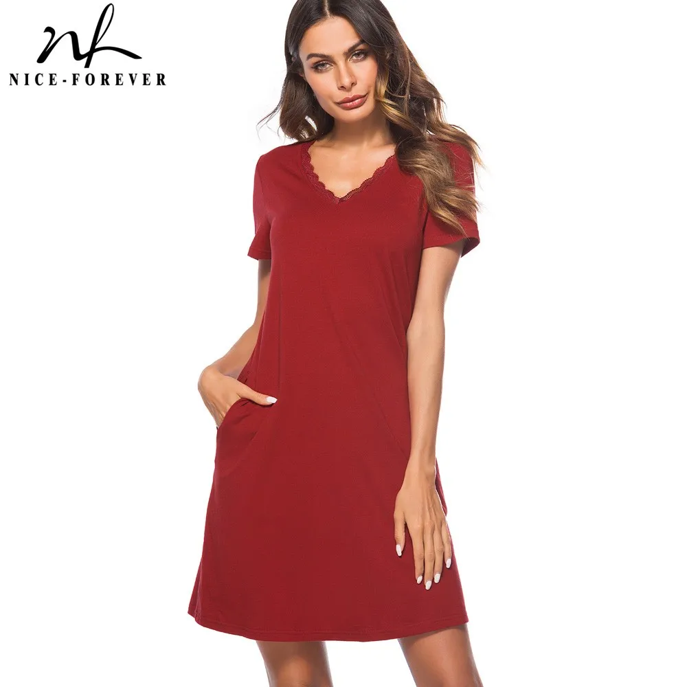 

Nice-forever Ladylike Red Color Lace V Neck Pocket vestidos Short Sleeve Work Women Straight Shift Summer Dress T025