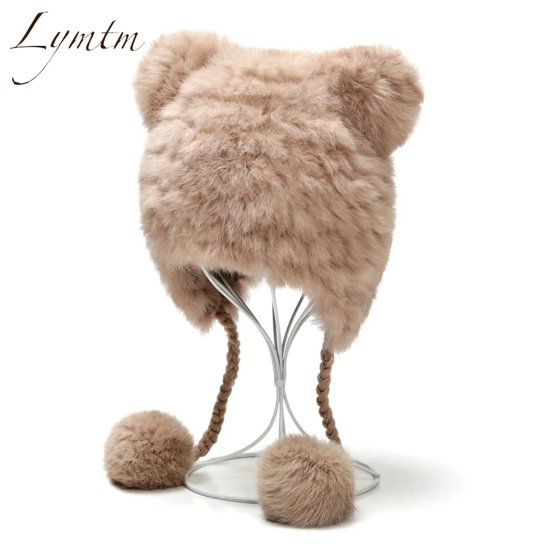 Najtaniej Nowy piękny niedźwiedź ucha Skullies czapki prawdziwe futro królika reks tkaniny dzianiny kapelusze zimowe ciepłe miękkie stałe czapki śnieg kobiety kapelusz