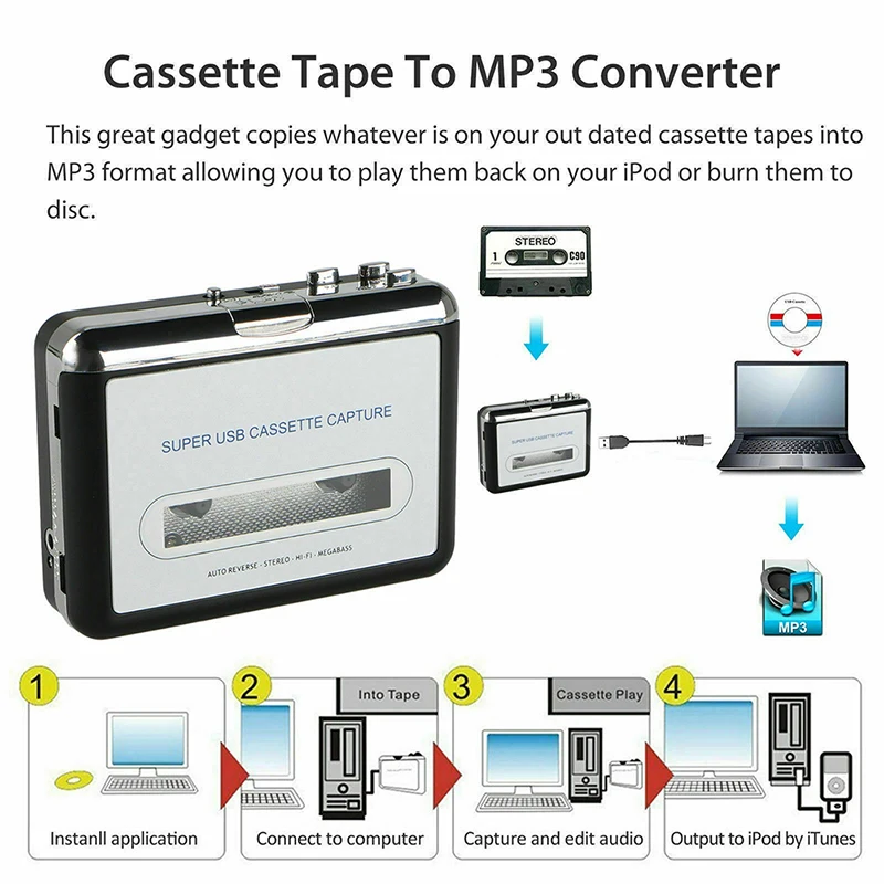 Портативная магнитола USB2.0 для ПК супер Кассета MP3 аудио музыки компакт дисков