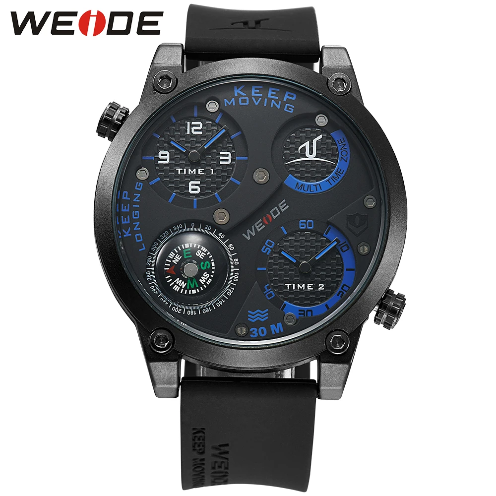

WEIDE Dual Time Zone Black Blue 3D Dial Rubber Band Water Resistant Stainless Buckle Japan Quartz Movement Men Sport Wrist Watch