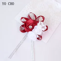 Silk Roses White Wrist Corsage for Bridesmaids - Elegant Floral Bracelet in Pink and Blue for Weddings (Burgundy)