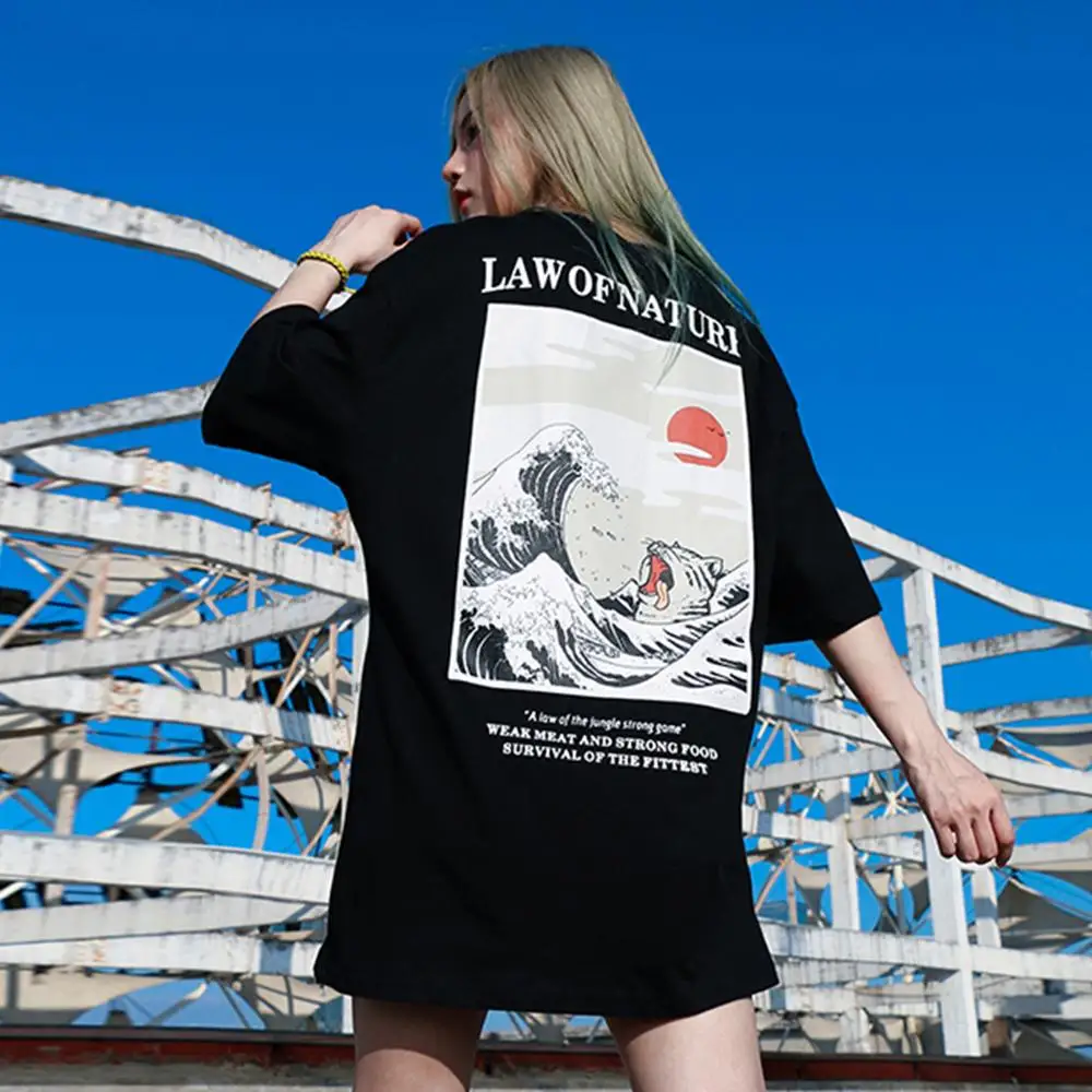 

Harajuku Tshirt Japanese Cat Wave Printed Tshirt Ukiyo Korean Style Hip Hop Casual Ulzzang Streetwear T-Shirt