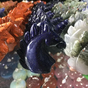 

2" Natural Crystal Blue gold sand Gemstone Unicorn Figurine Reiki Healing