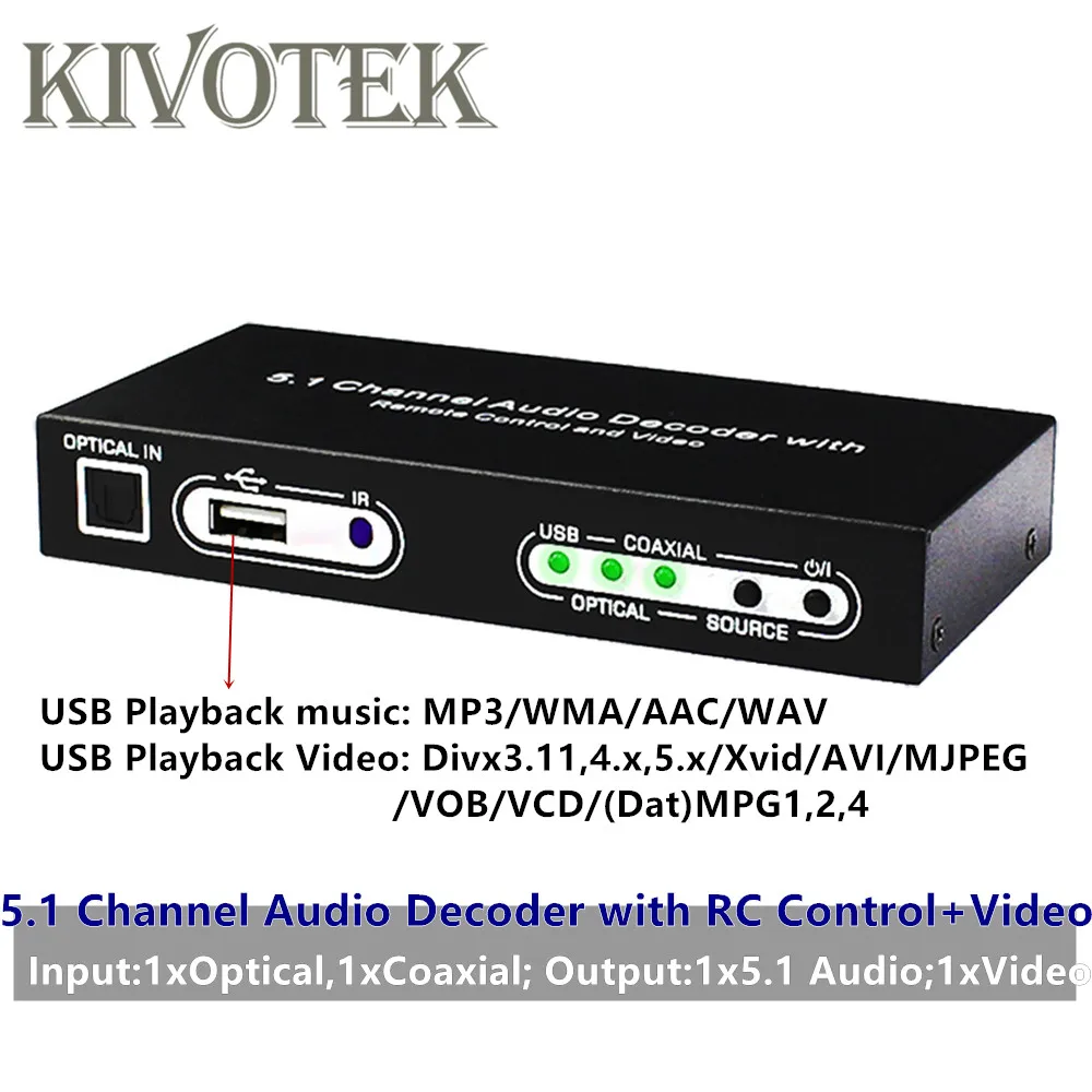 

5.1 Channel Optical/Coaxial Audio Video Decoder Adapter,USB Connector Display,RC Control,AC3/DTS/LPCM For HDTV PC Free Shipping