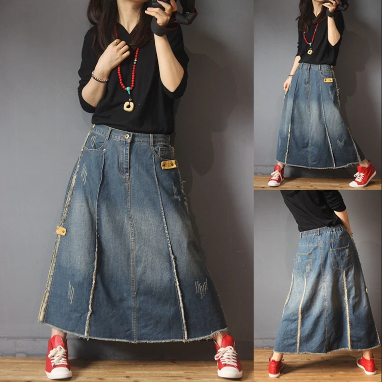 

Spring Autumn Women Casual All-match Loose Vintage Elastic Waist Denim Denim Skirts