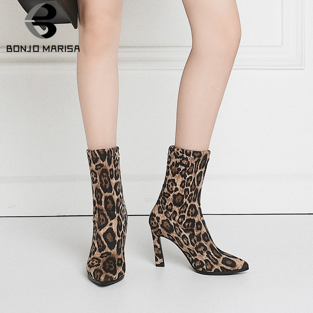 

BONJOMARISA Ladies Ankle Boots Leopard High Heels Female Spring Autumn Boots High Quality Fashion Ankle Boots For Women 34-43