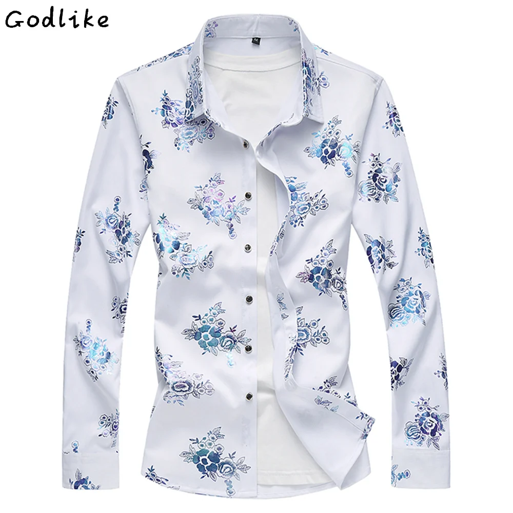 2018 весна осень новый мужской большой размер с длинным рукавом Цветочная рубашка повседневная мужская белая рубашка с принтом размер M-4XL 5XL