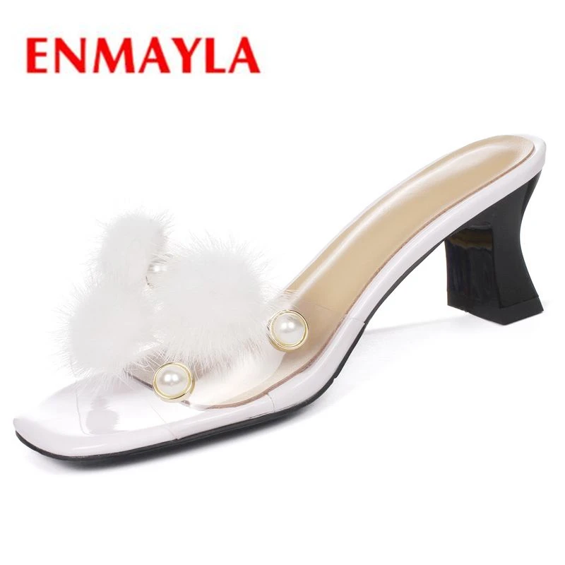 

ENMAYLA New Fashion Summer women Transparent sandals sweet white Fluff square heels elegant lady slipper size 34-39 ZYL039