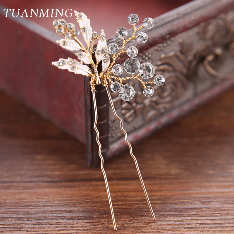 

TUANMING 1PC Vintage New Arrival Rhinestone Gold Hair Jewelry Hairpins Clips For Wedding Bride Leaves Women Hair Accessories
