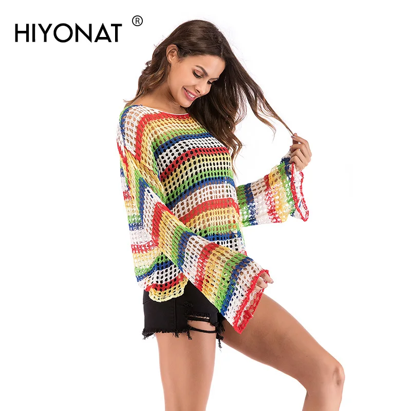 Hiyonat 2019 Elegant Hollow Out Sweater Women Long Sleeves Rainbow Striped Knitted Pullover Sweaters Pull Femme Spring Jumper