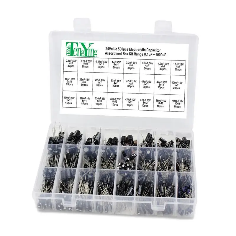 

Premium Quality 24Value 500pcs Electrolytic Capacitor Kit Range 0.1uF-1000uF with Assortment Box