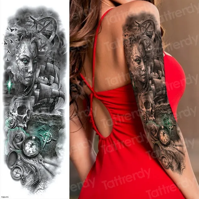 Full Arm Temporary Tattoos Suger Skull Rose Horror Clock Tattoos Mexican Day Of The Dead Halloween Tattoo Body Tattoo For Women Temporary Tattoos Aliexpress
