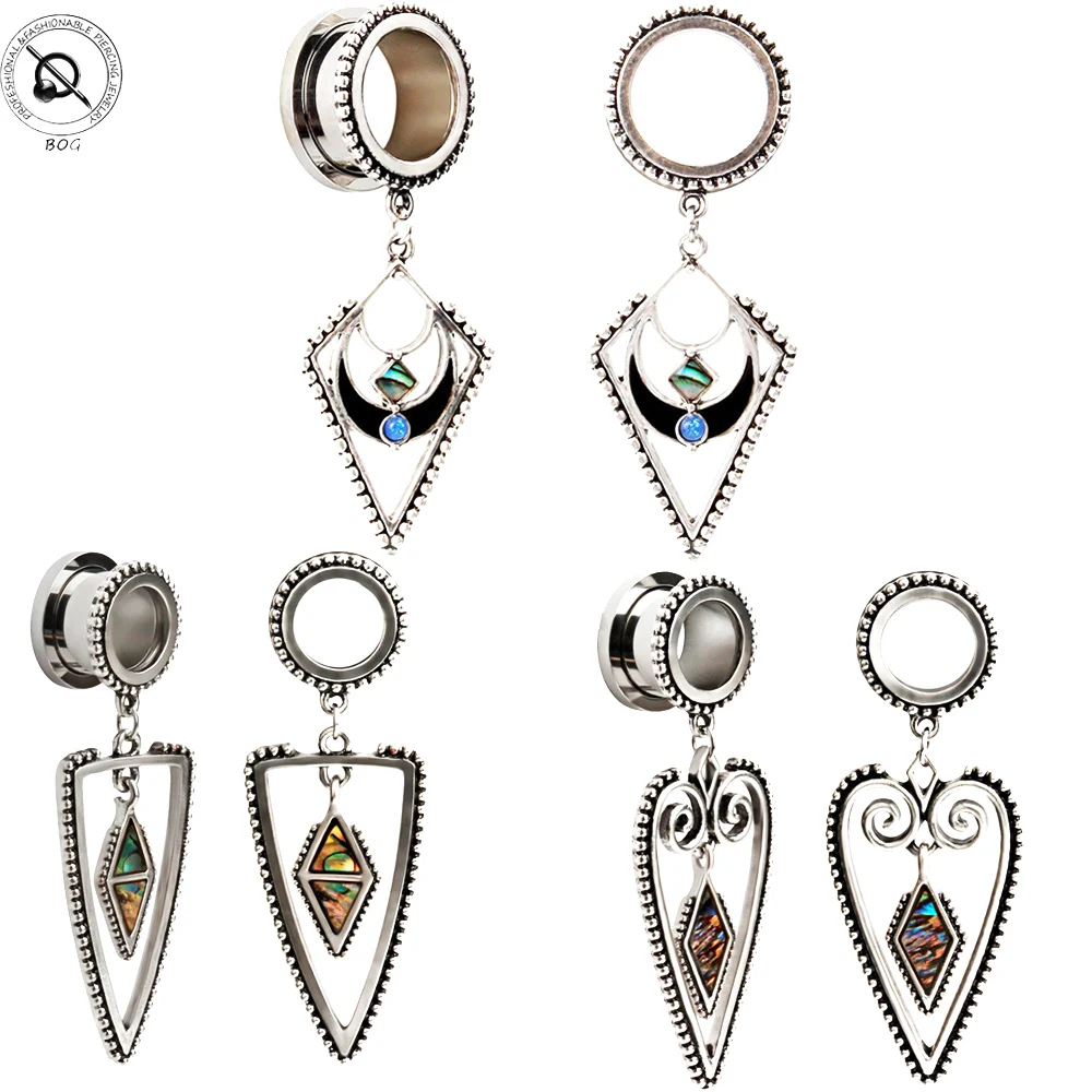 

BOG-Pair Ornate Heart/Triangle Dangle Eyelets with Abalone Shell Opal Dangle Ear Tunnel Expander Ear Stretcher Piercing jewelry