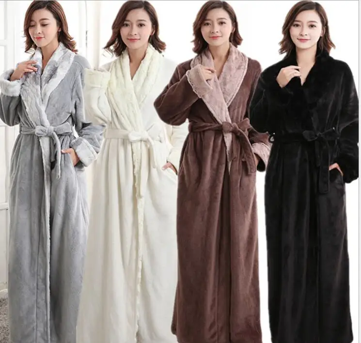 

Autumn and winter thick flannel robe long neutral faux fur collar warm Femme Long Sleeve Home Bathrobe Dressing Gowns For Women
