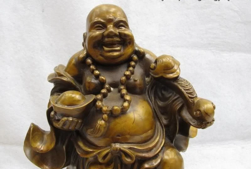 

11.5 Chinese Folk Classic Bronze Yuan Bao Money bag happy Maitreya Buddha Statue