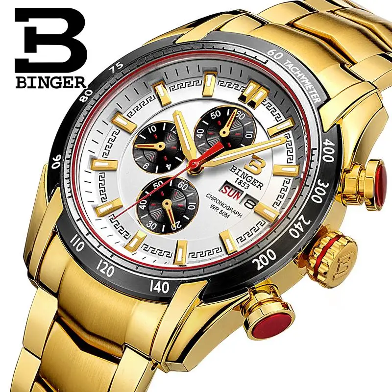 

2018 watches men luxury brand Wristwatches BINGER Quartz Gold color watch Sport Chronograph clock Diver glowwatch B1163-5