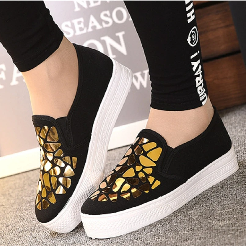

Cresfimix women fashion comfortable slip on black shoes with golden shinning lady casual spring summer flat platform shoes a2195