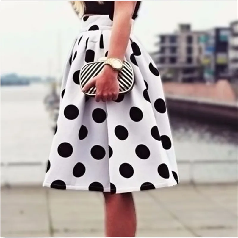 

2017 New Casual Women Skirt Polka Dots Printed Flared Tutu Circle Pleated Midi Skater Skirts High Waist Fall Winter Women Saias