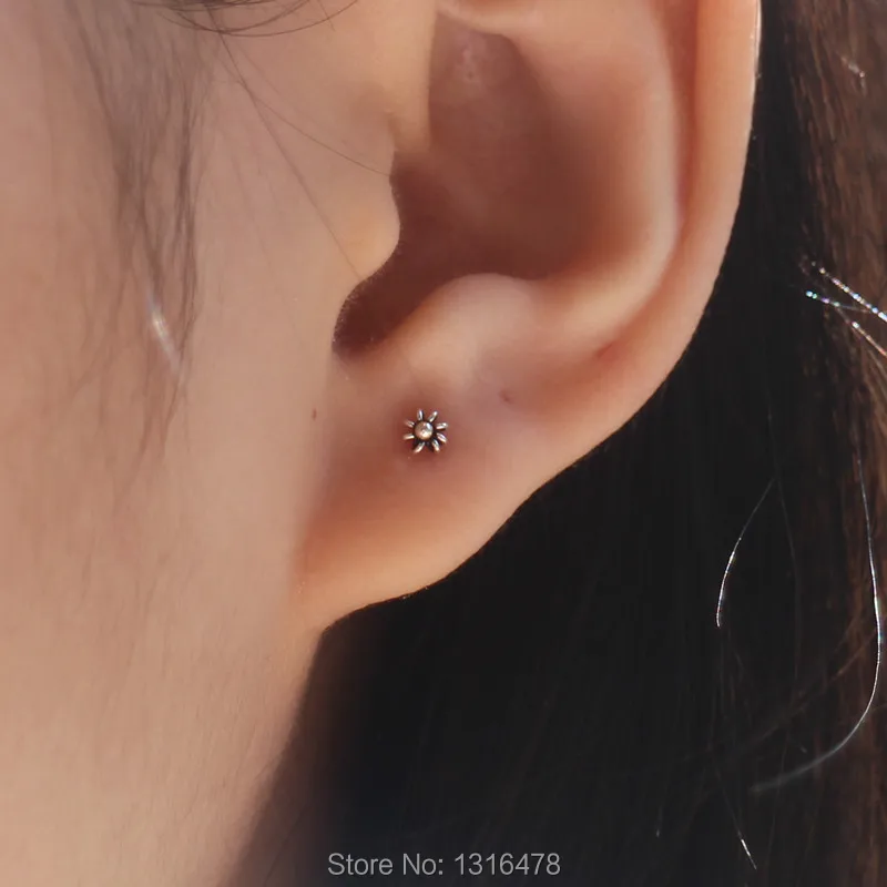 

New special retro personality ear bone screws 3 mm handmade lace sterling silver beads small earrings pierced more
