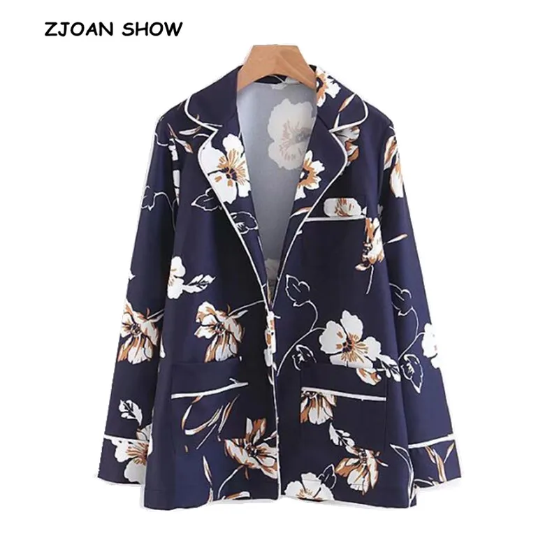 

Vintage Notched Flower Print Side Slit Kimono Shirt Woman White Edged Line Long sleeve Pajamas style Open Stitching Loose Blouse