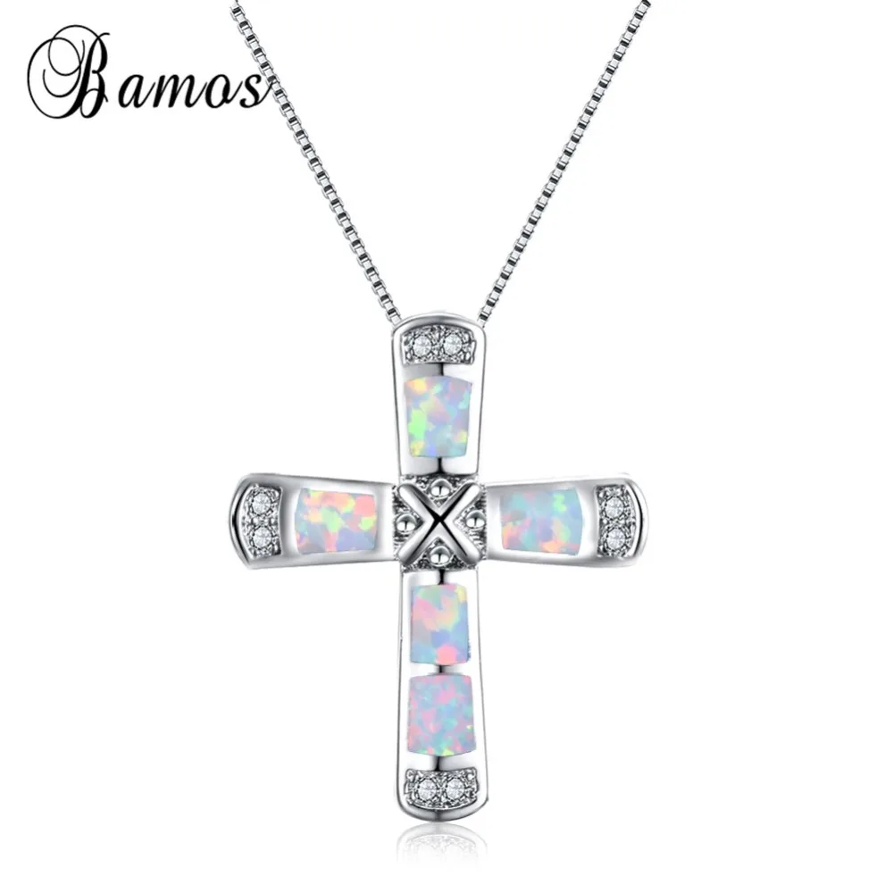 

Bamos Classic Cross Necklaces & Pendants White/Blue Fire Opal Necklace For Women Valentine's Day Gift Silver Filled Jewelry