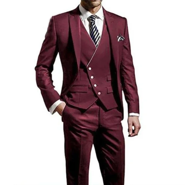 

Hot Sales Burgundy Groom Wear Tuxedos 3 Piece Wedding Suits Groomsmen Best Man Formal Business Suit For Men Jacket+Pants+Vest