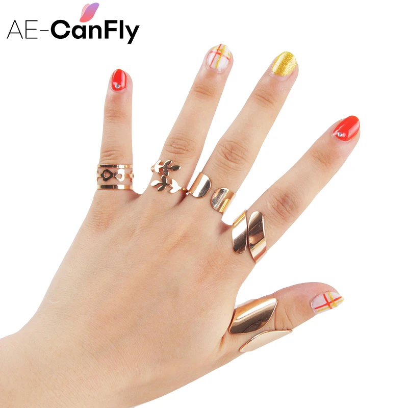 

AE-CANFLY Gold Color Finger Rings for Women Geometric Leaf Punk Open Ring Set 2D2021
