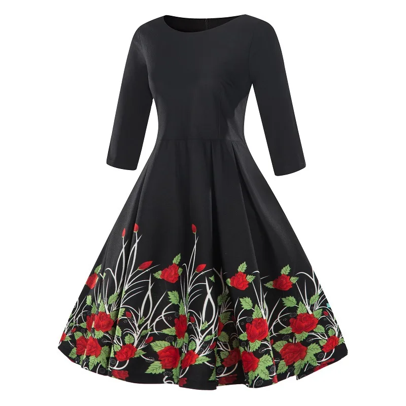 

Printed Retro Round Neck Three Quarter Sleeve Ball Gown Plus Size Women's Colored Multi Size Zipper Dress