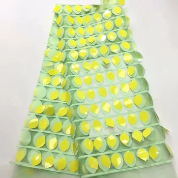 

Yellow-green fashionable french lace fabric with big sequins shiny african lace fabric 5 yards peach bridal wedding dress ZD02