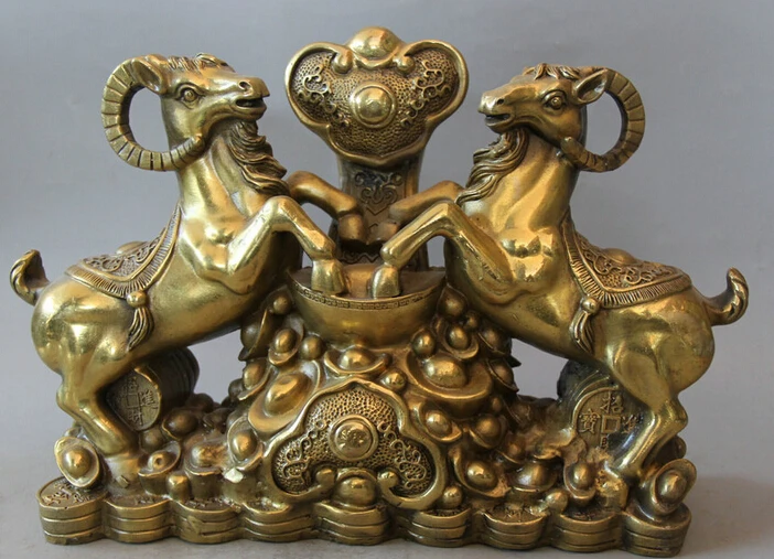 

JP S62 15" Chinese Brass Ru Yi Wealth Money Zodiac Year Two Sheep Goat sculpture Statue B0403