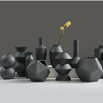 

Modern Style Creative Unique Black Ceramic Coarse Pottery Flower Pots Office Desktop Botanic Handwork Vase Art Decorations
