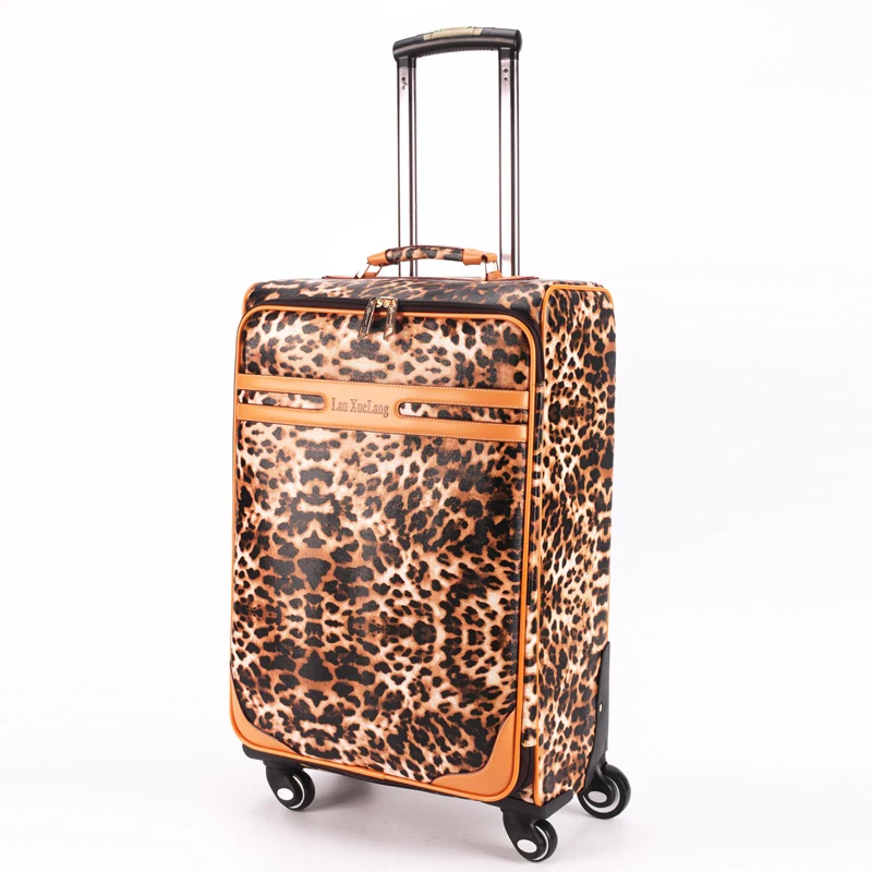 Cow Split leather trolley luggage universal wheels 16 20 24 leopard