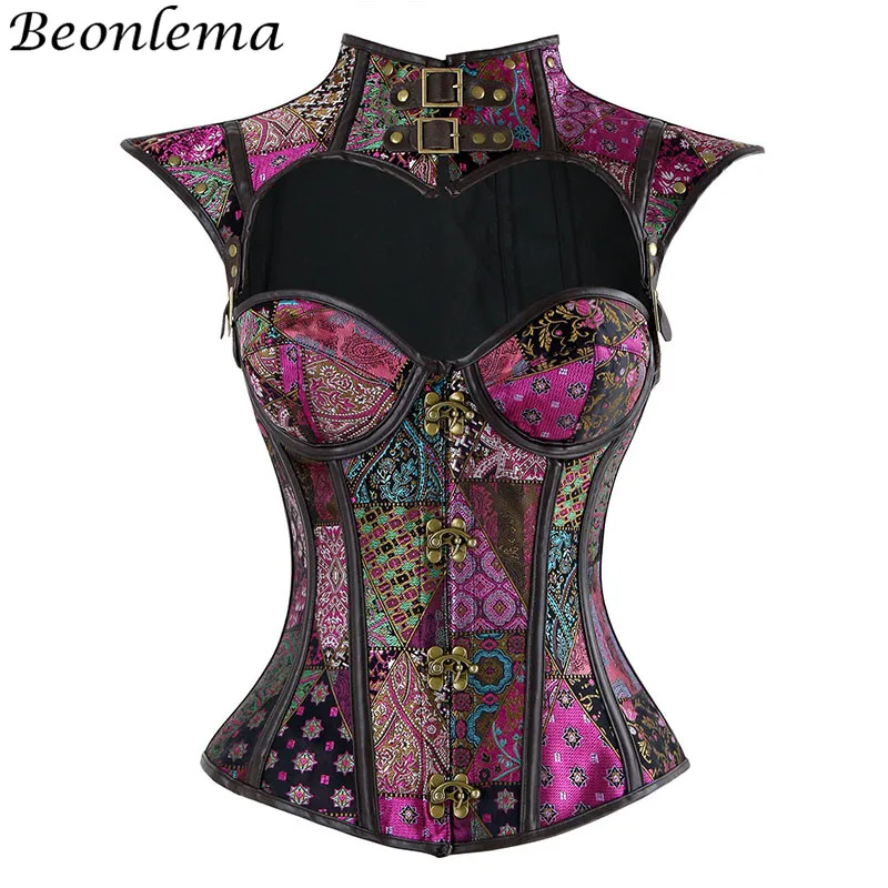 Beonlema Gothic Steampunk Corset Sexy Vintage Corselet Lace Up Punk Rave Korset Vest Women Pink Royal Blue Bustier Lingerie