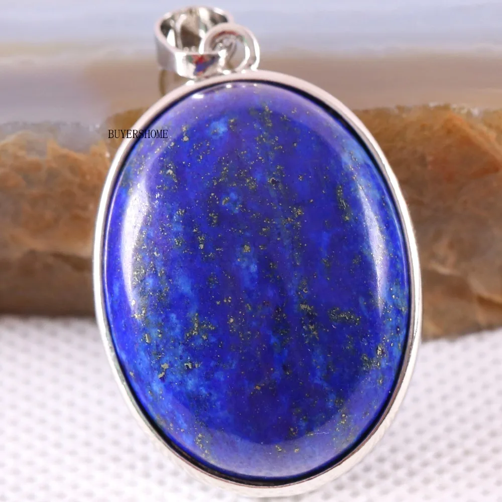 Серебристый Овальный натуральный камень бисера синий Lapis женское ожерелье кулон 1 шт K656