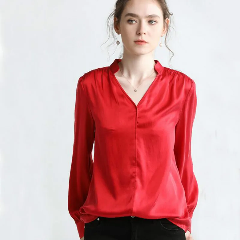M 100 Red Manches V De Lavé Col À Printemps Satin Chemise Femelle Longues Soie Sable 2019 16 Nouveau En champagne 4wU7qxE