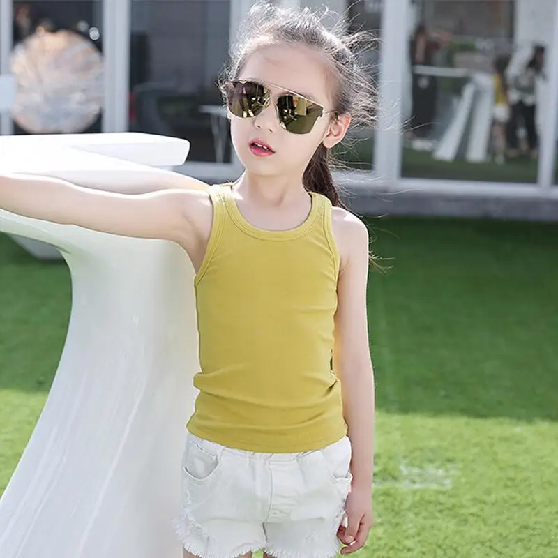 Новинка года, летняя белая футболка без рукавов с круглым воротником для девочек детские повседневные топы, хлопковый жилет унисекс с тонкими лямками - Цвет: yellow