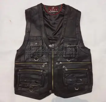 

BOU 2020 male cowhide leather vest 100% leather multi-pocket vest