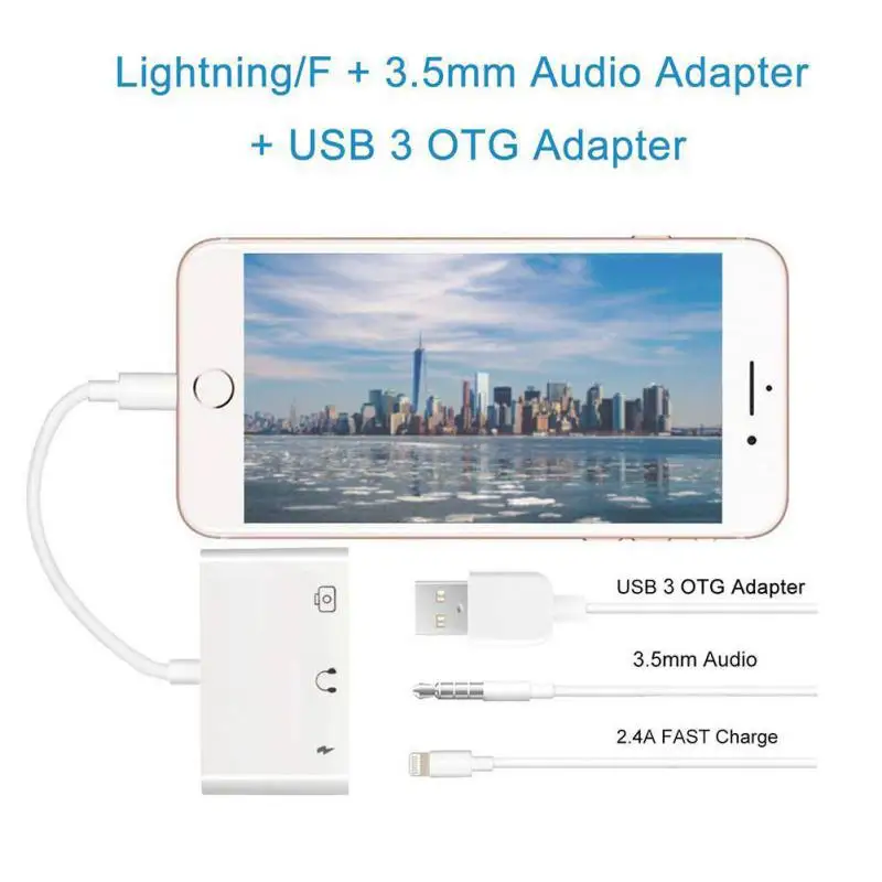 

3 in 1 Adapter For Lightning to 3.5mm Audio OTG USB 3 Camera Reader Adapter with Charge Port For iPhoneX XS XR iPad/iPod