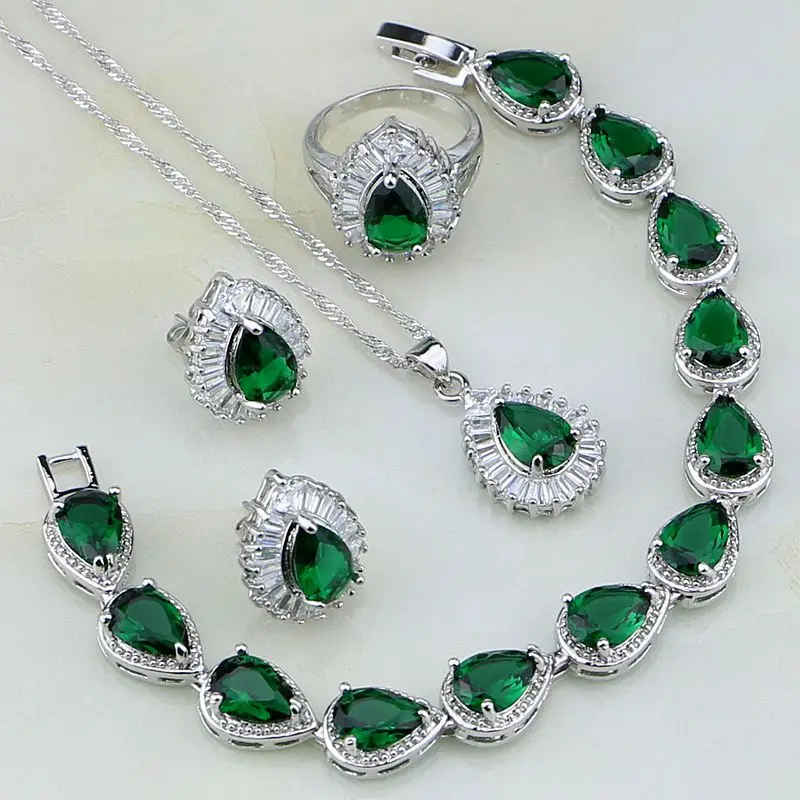 925 Joyería de Plata Verde Creado Esmeralda Blanco Conjuntos de Joyas de Cristal Para Las