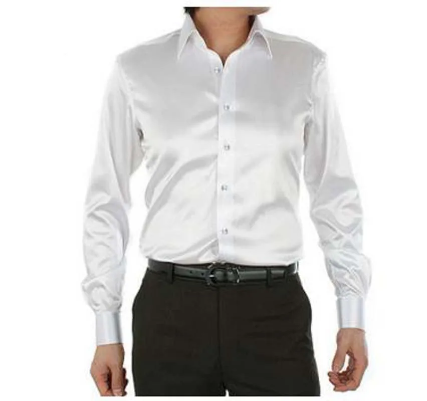 Однотонная белая мужская повседневная рубашка из искусственного шелка 2017