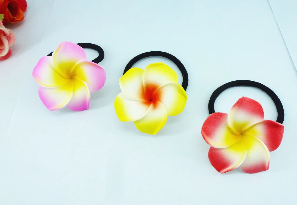 20 New pink + yellow + red   color Foam Hawaiian Plumeria flower Frangipani Flower bridal hair bands  elastic bands 4.5cm