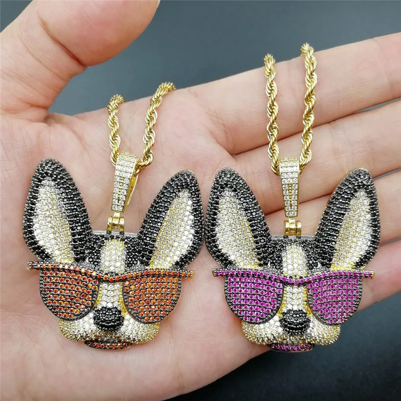 Хип-хоп Щенок в очках ожерелья для мужчин женщин Шарм Цепочка-украшение подарки Bling Полный микро проложить ожерелье с фианитами