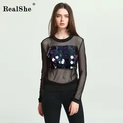 Realshe Для женщин Битник Harajuku Блёстки с длинным рукавом Сексуальная See Through футболки футболка чужой Повседневное футболка